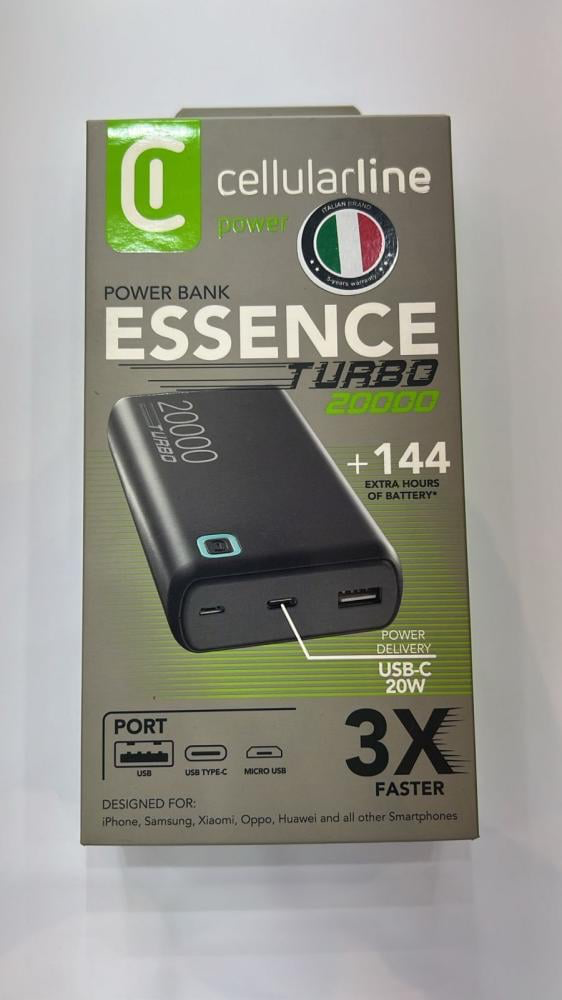 بطارية من Cellularline بسعة 20 ألف ملي أمبير - 3 منافذ - أسود